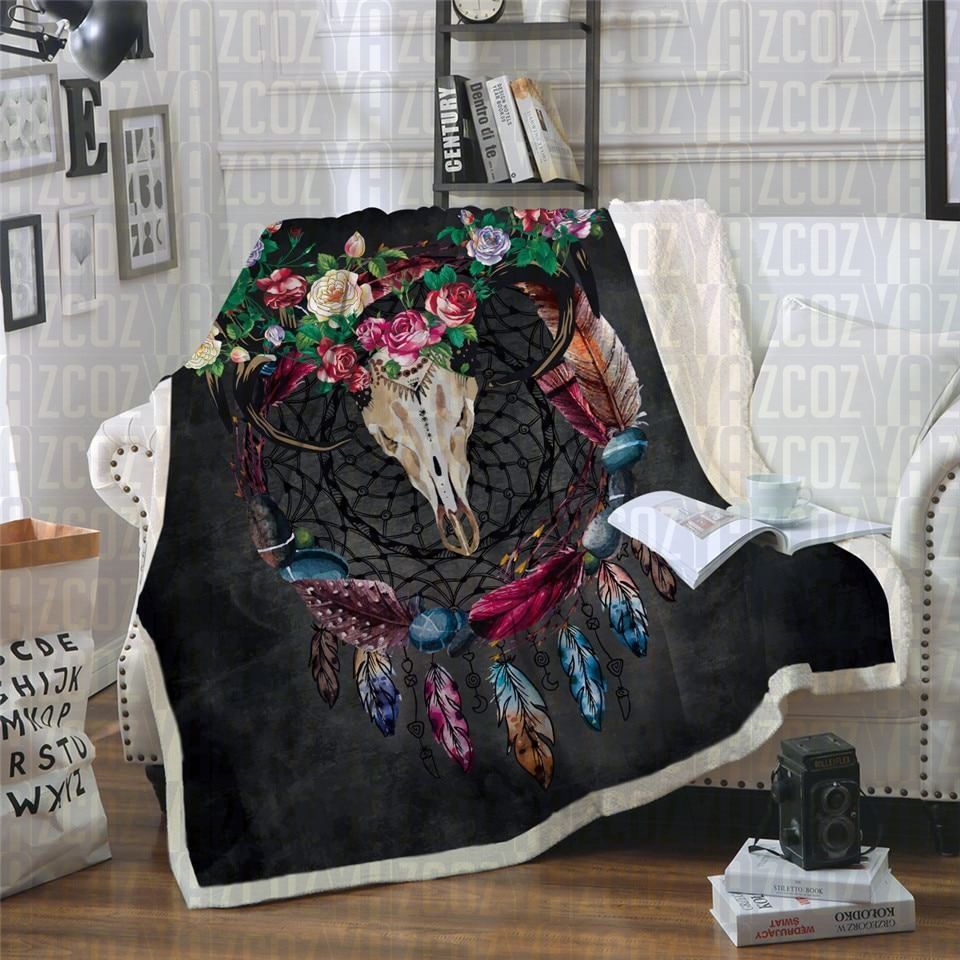 Rose Horned Bull Dreamcatcher Sherpa Fleece Blanket