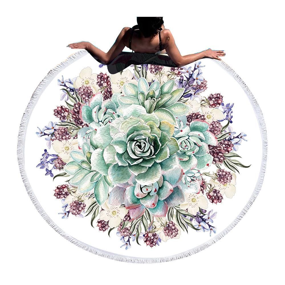 Rose Succulent Pattern Printed Round Beach Towel