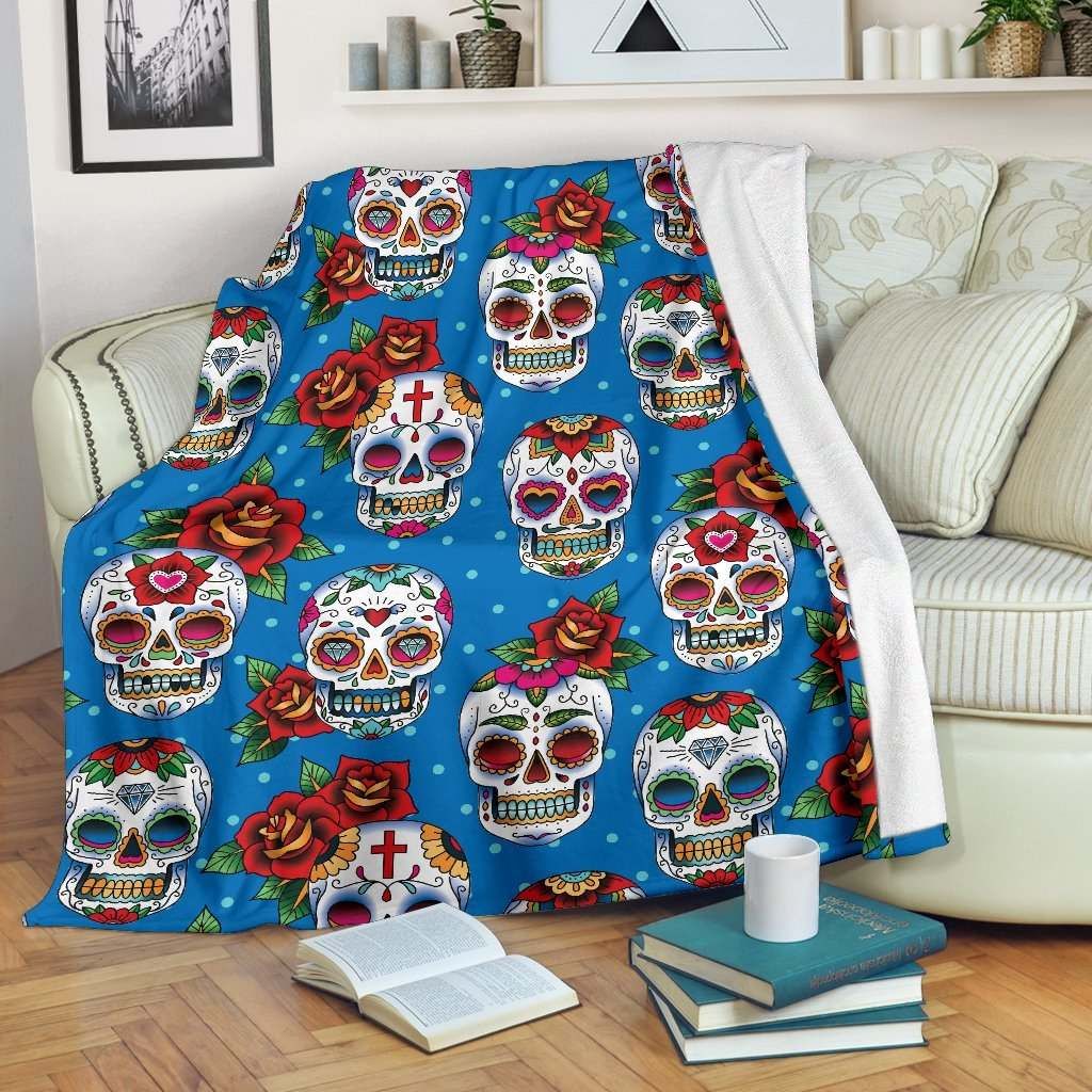 Rose Sugar Skull Sherpa Fleece Blanket