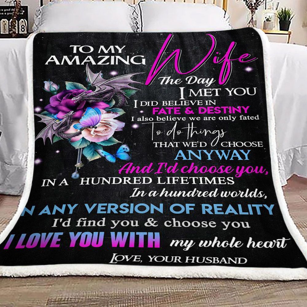 Roses Dragon To My Amazing Wife Sherpa Fleece Blanket