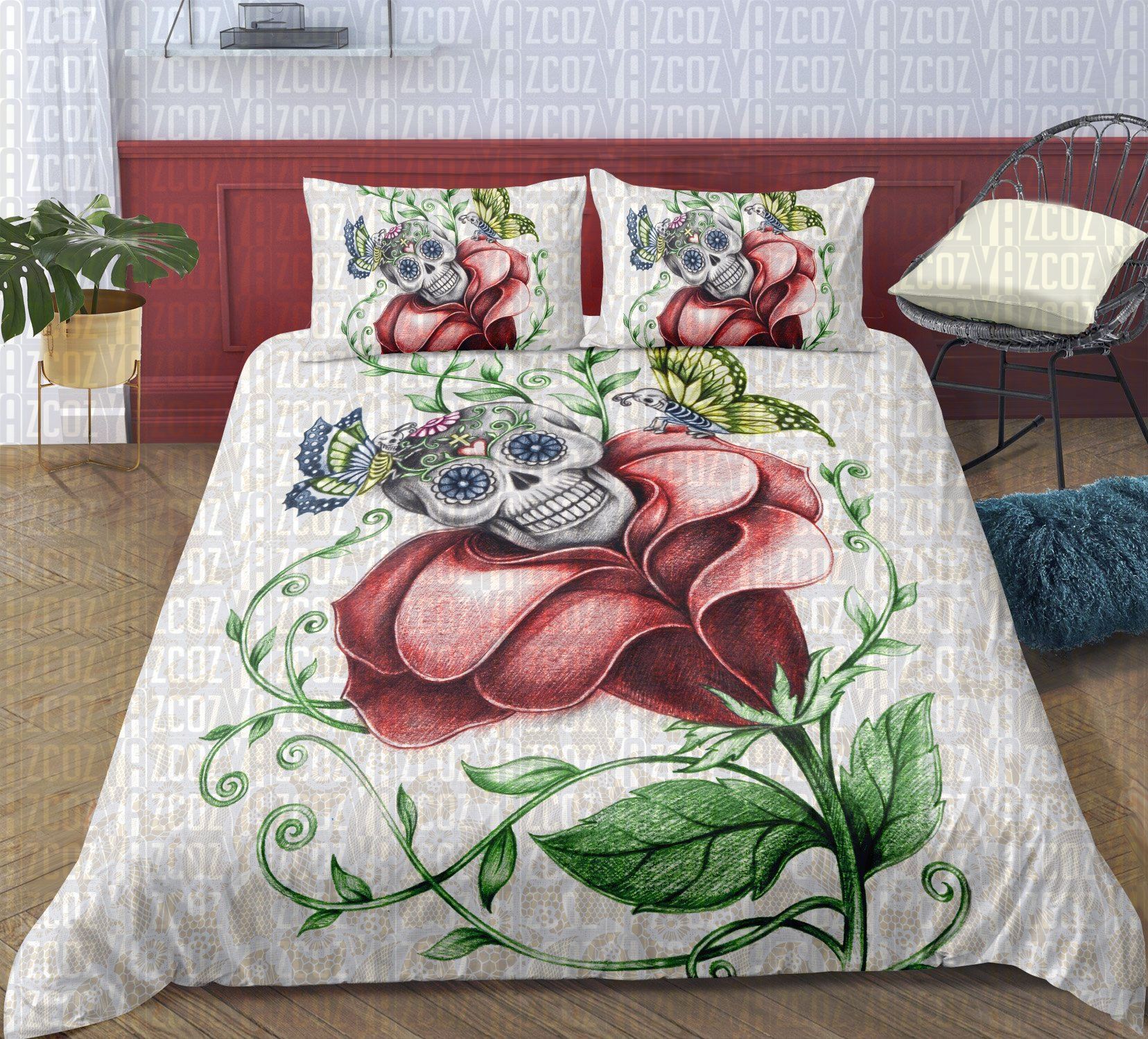 Roses Red Skull Bedding Set