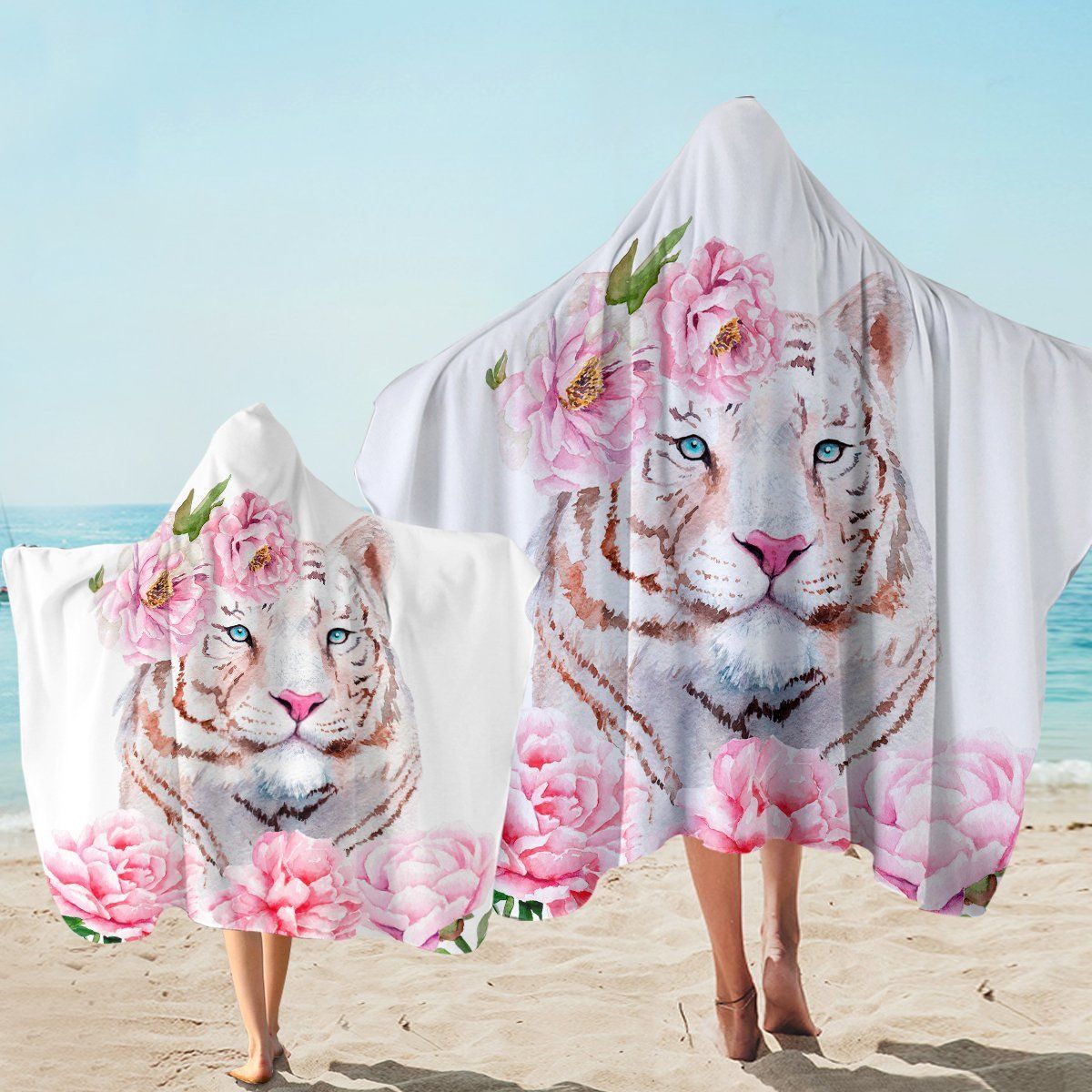 Rosy Tiger White Printed Hooded Towel