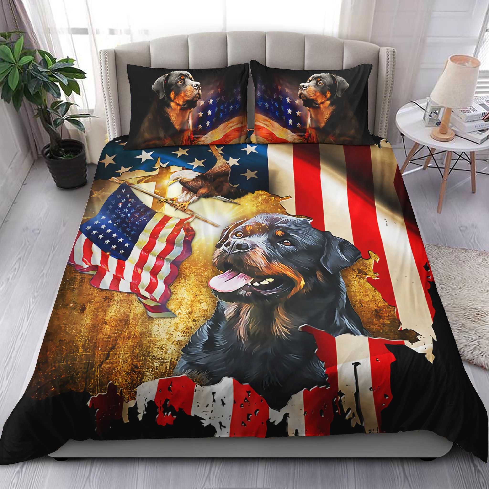 Rottweiler American Flag Bedding Set