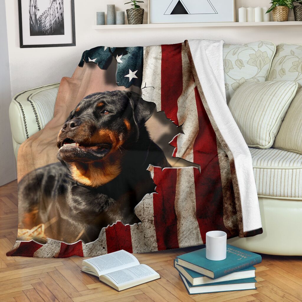 Rottweiler Dog American Flag Ragged Fleece Blanket Fleece Blanket
