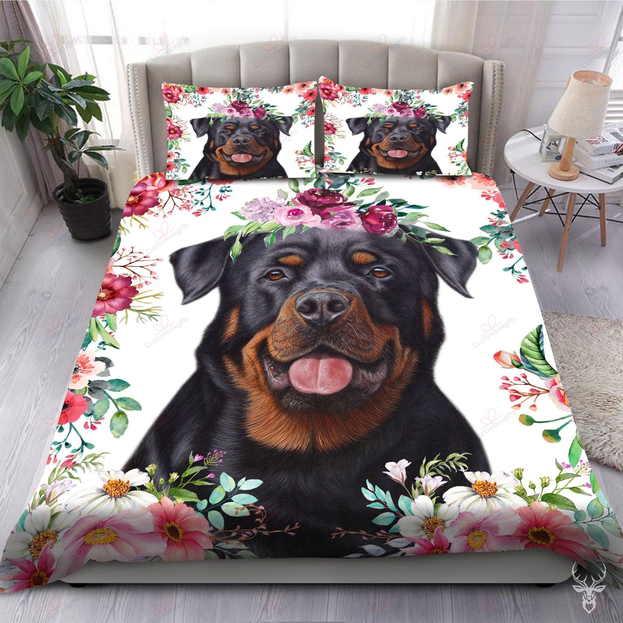 Rottweiler Flower Pattern Printed Bedding Set