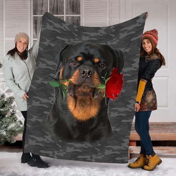 Rottweiler Rose Dog Valentines Day Sherpa Fleece Blanket