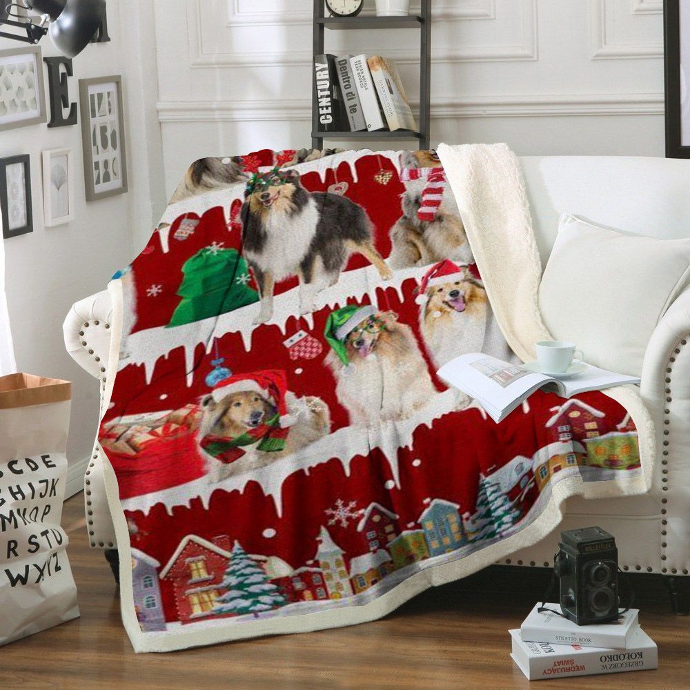 Rough Collie Snow Christmas Sherpa Fleece Blanket