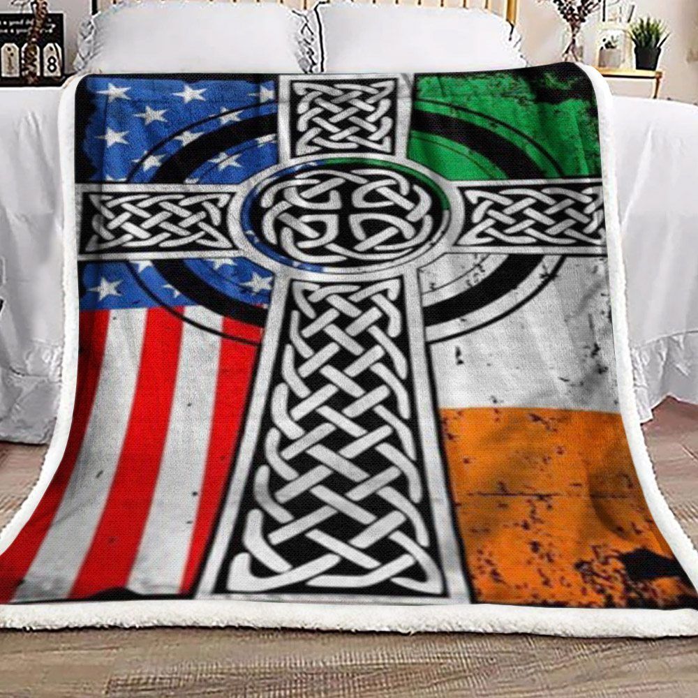 S.T Patrick Irish Catholic Cross Usa Flag Sherpa Fleece Blanket