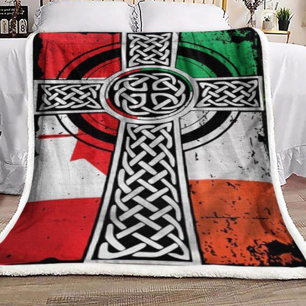 S.T Patrick With Catholic Cross Canada Flag Sherpa Fleece Blanket