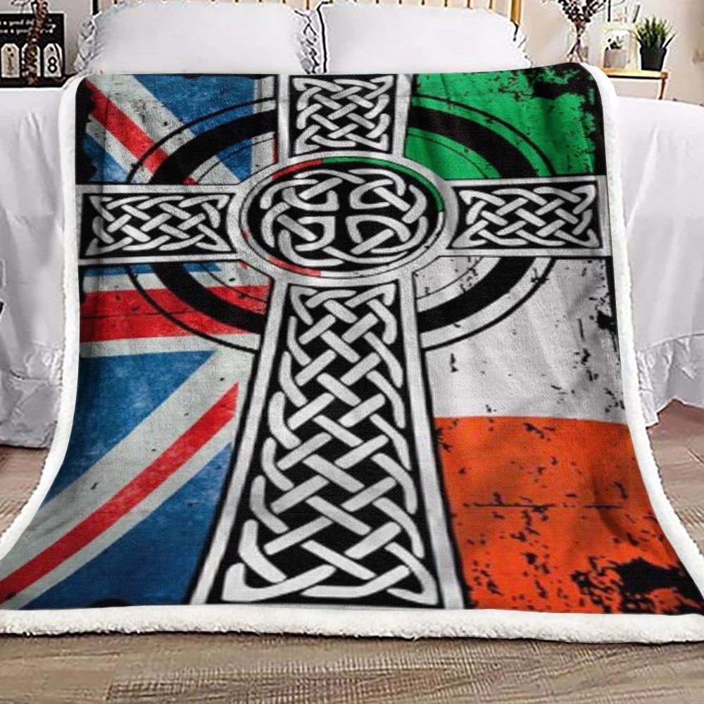 S.T Patrick With Catholic Cross Uk Flag Sherpa Fleece Blanket
