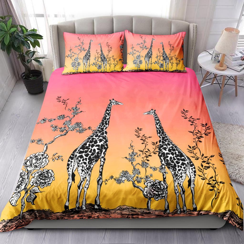 Safari Wildlife Giraffe Couple In Rose Flowers Bedding Set