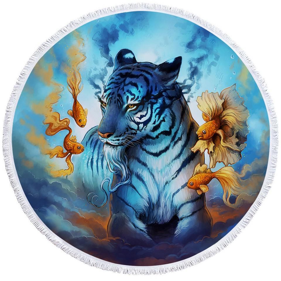 Sage Tiger And Gold Fish Printed Round Beach Towel