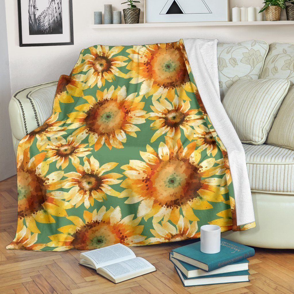 Sage Watercolor Sunflower Sherpa Fleece Blanket