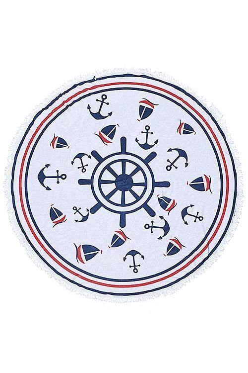 Sailboat Anchor Blue And Red Border Printed Round Beach Towel