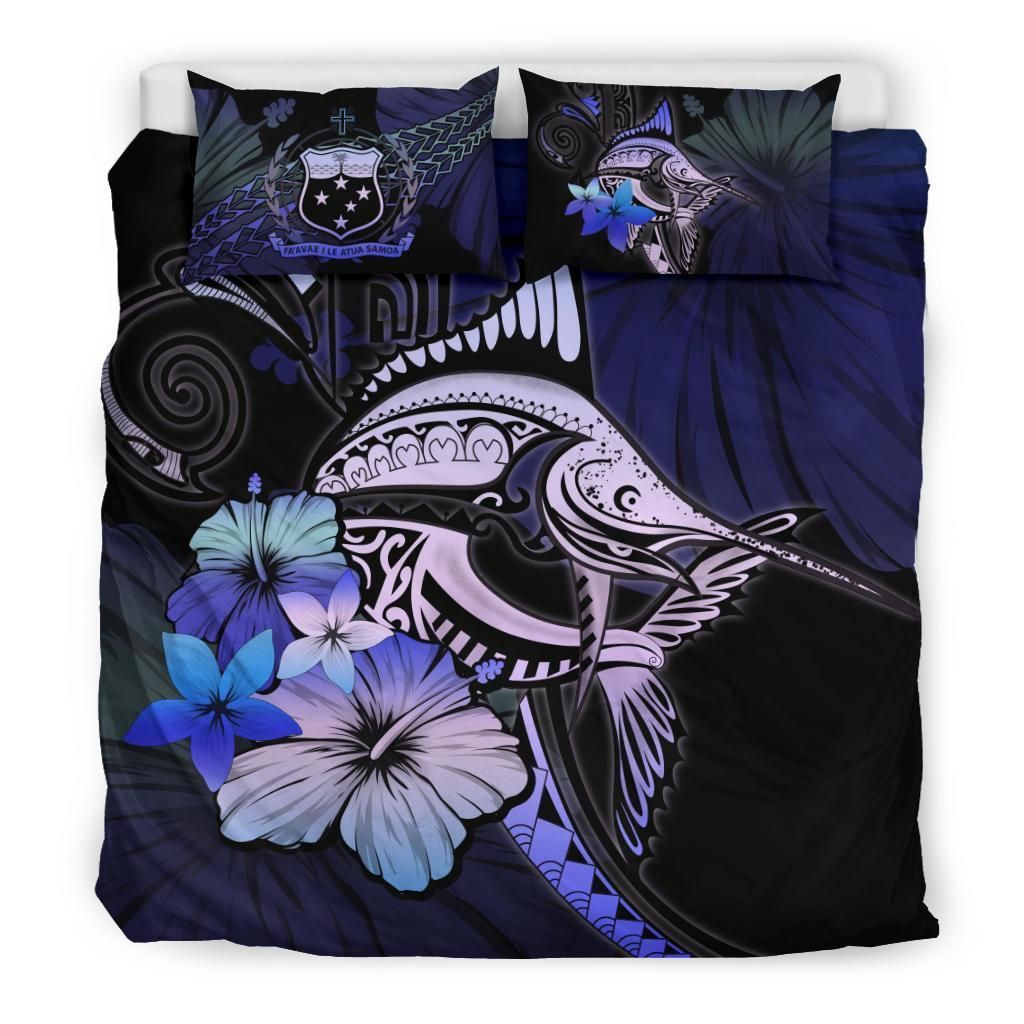 Samoan Purple Blue Marlin And Hibiscus Bedding Set