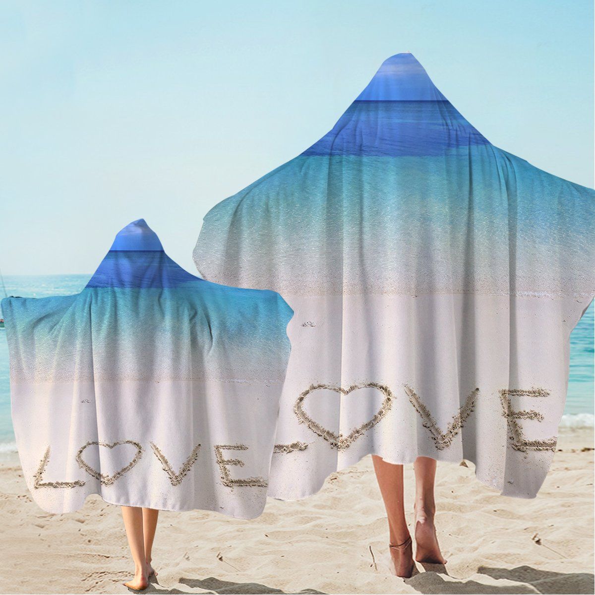 Sandy Love Drawing On Beach Printed Hooded Towel
