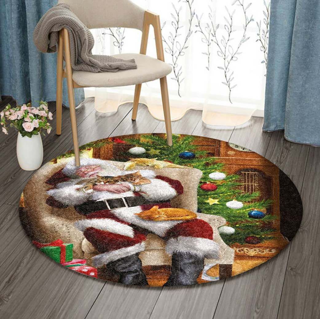Santa Claus And Cats Round Carpet