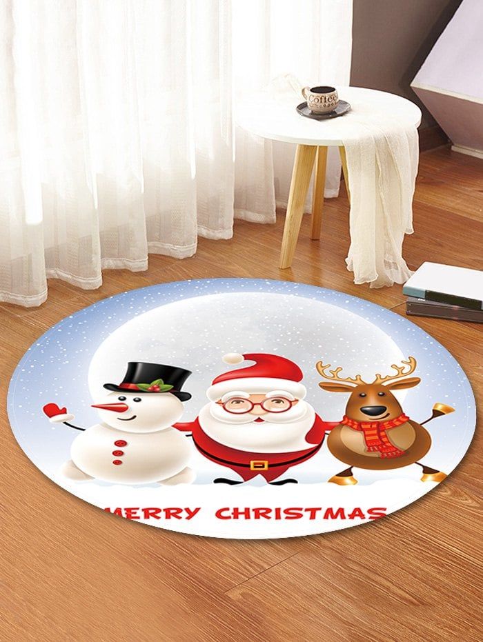 Santa Claus And Christmas Reindeer Snowman Round Carpet