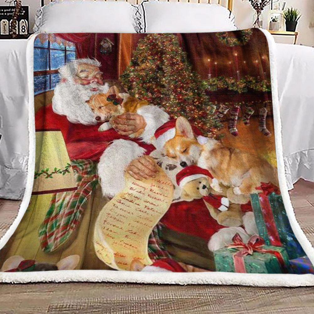 Santa Claus And Corgi Christmas Sherpa Fleece Blanket