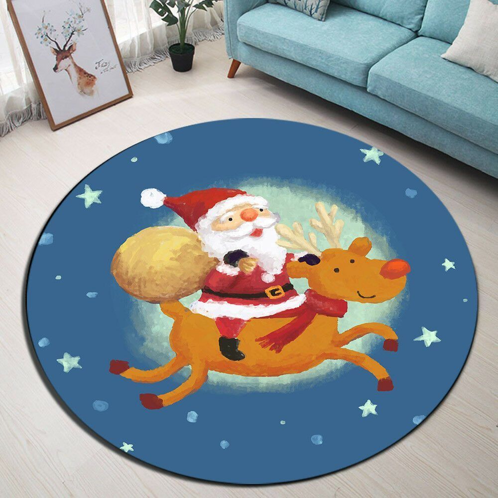Santa Claus And Deer Round Carpet