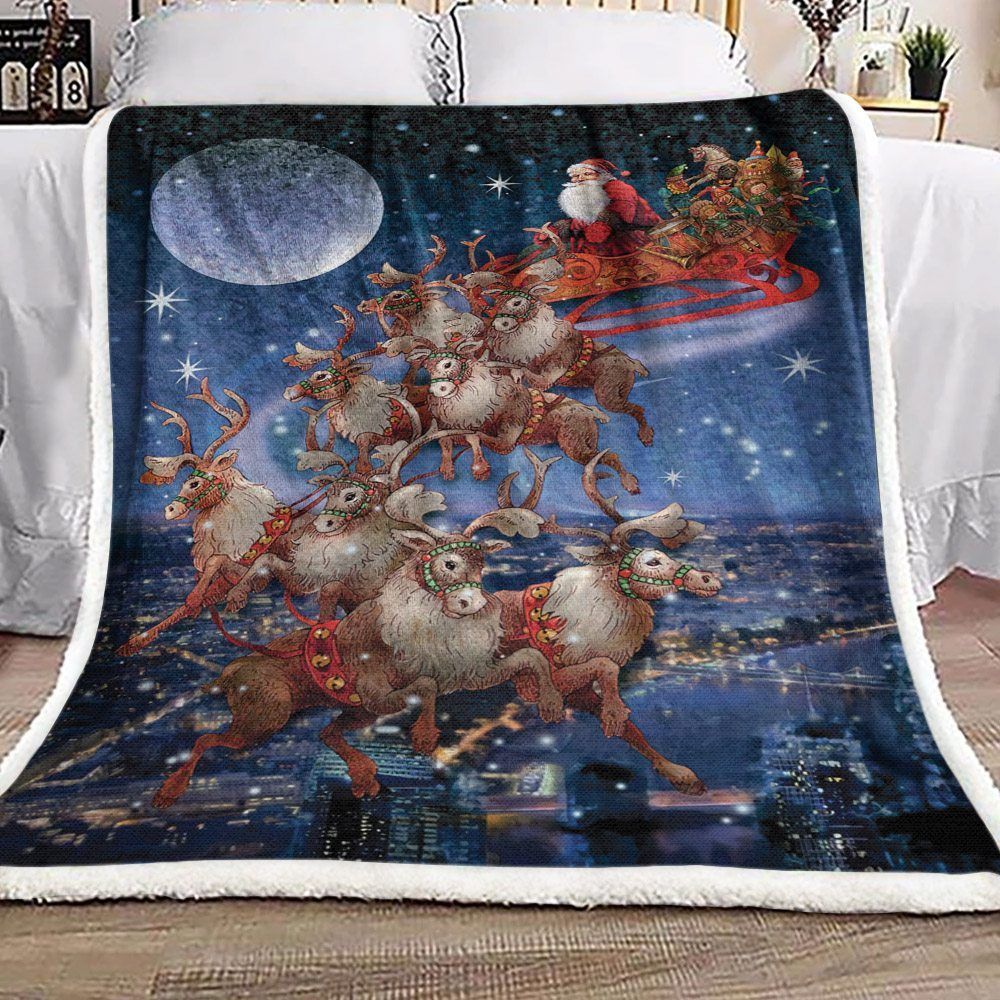 Santa Claus And Reindeer Christmas Sherpa Fleece Blanket