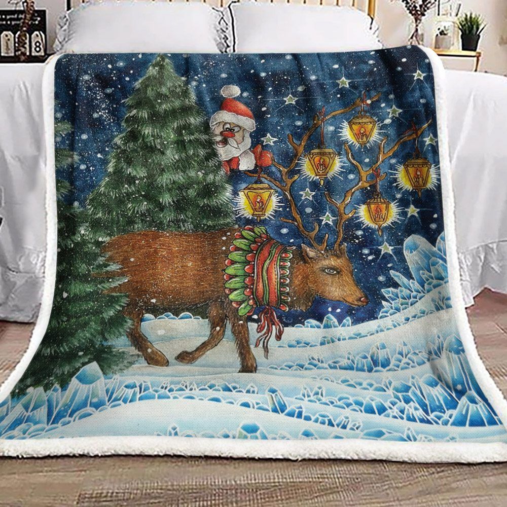 Santa Claus And Reindeer Christmas Sherpa Fleece Blanket