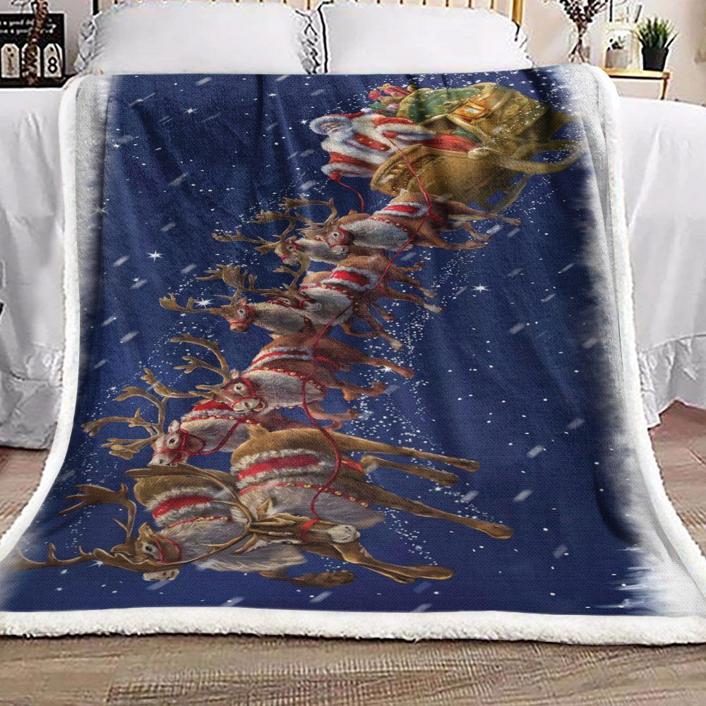 Santa Claus And Reindeer Christmas Sherpa Fleece Blanket