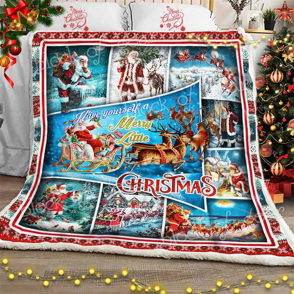 Santa Claus And Reindeer Sherpa Fleece Blanket