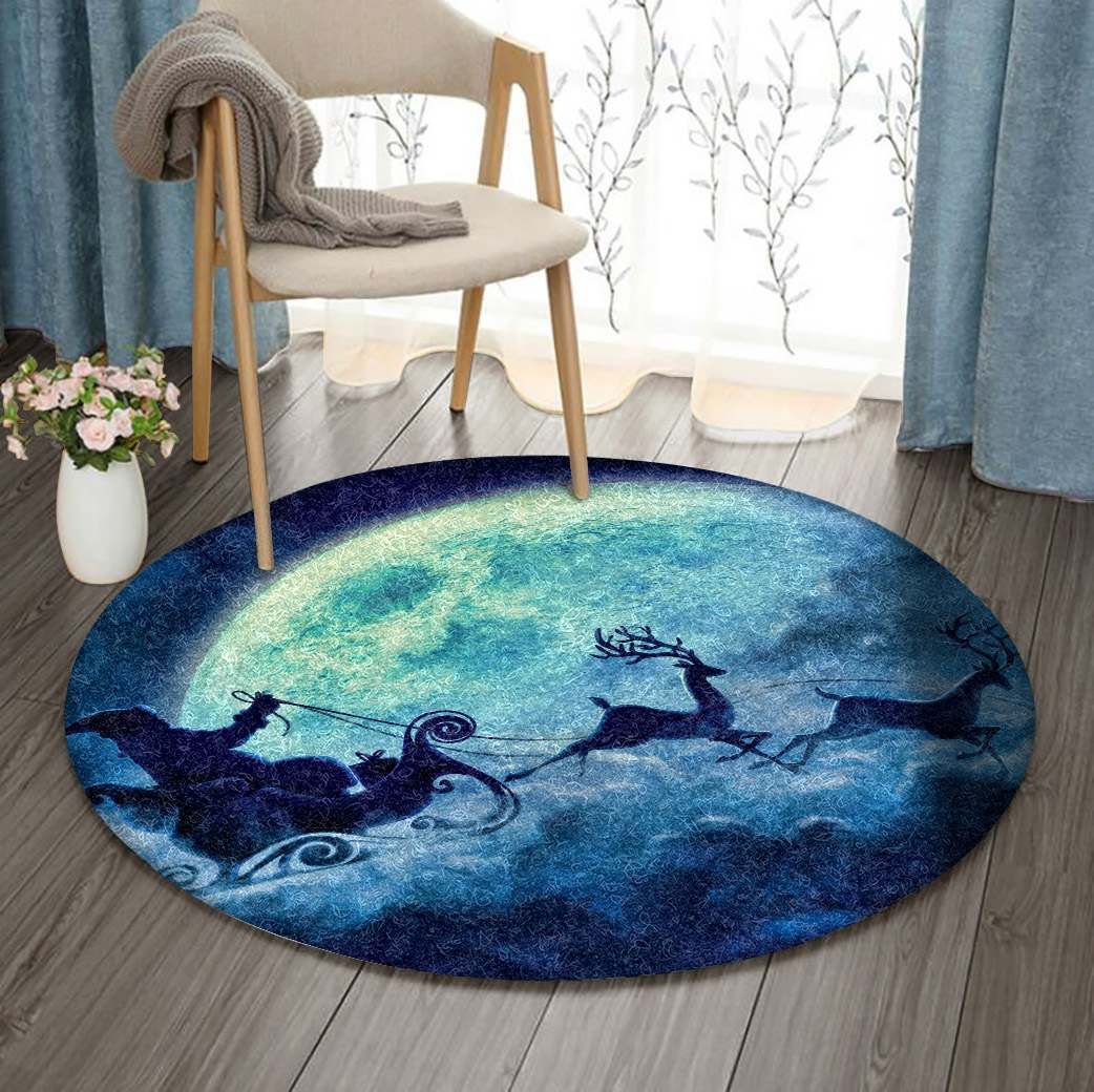 Santa Claus And Reindeer Round Carpet