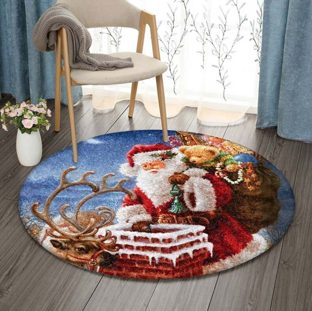 Santa Claus And Reindeer Round Carpet