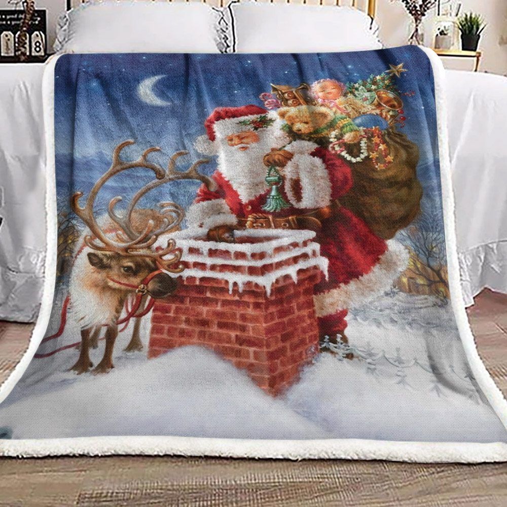 Santa Claus And Reindeer Sherpa Fleece Blanket