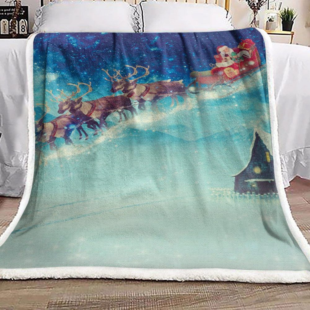 Santa Claus And Reindeer Sherpa Fleece Blanket