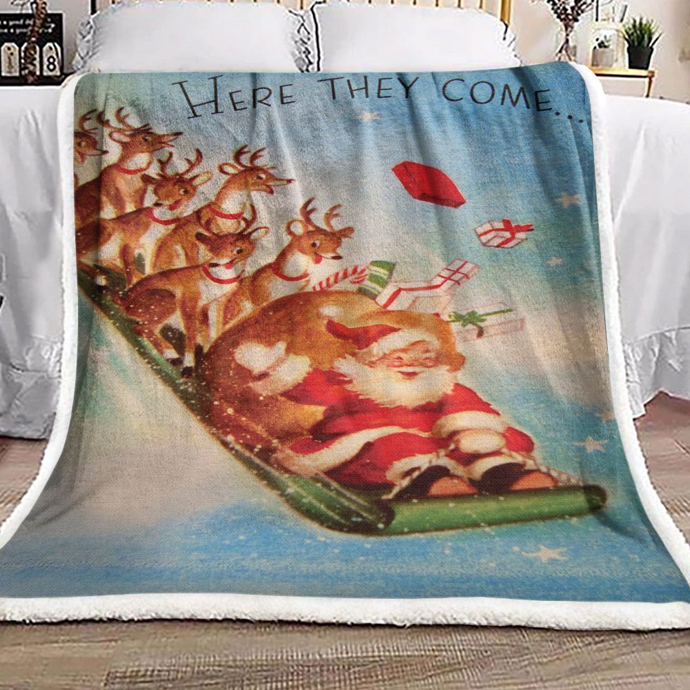 Santa Claus And Reindeer Sherpa Fleece Blanket