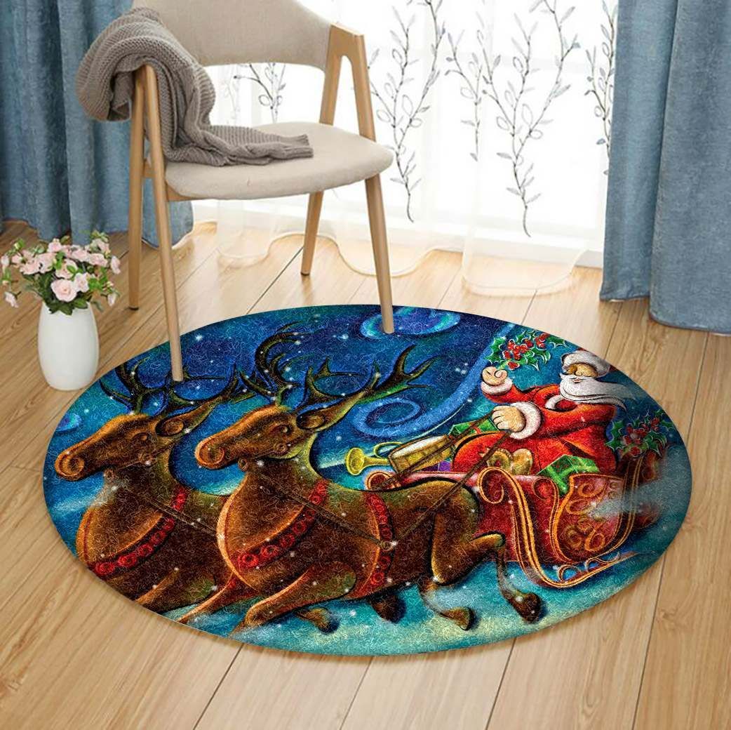Santa Claus And Reindeer Round Carpet