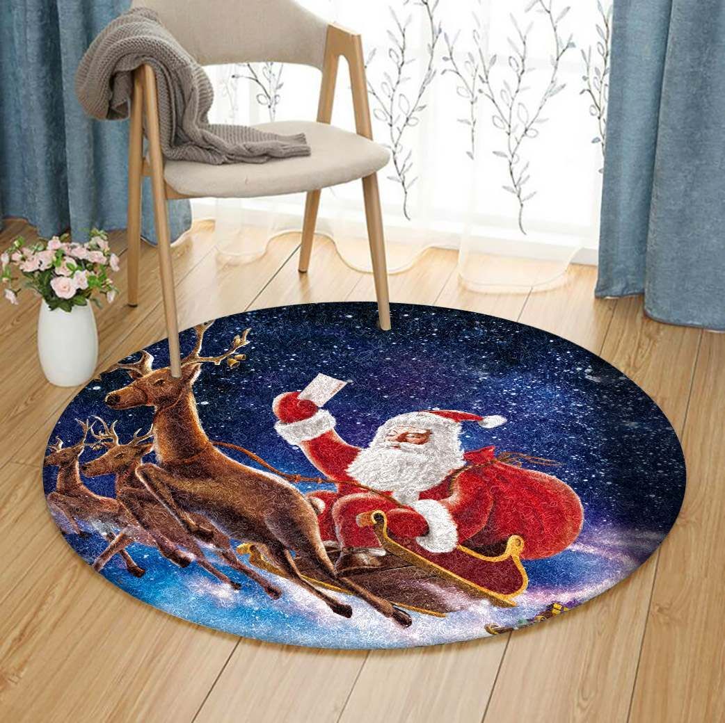 Santa Claus And Reindeer Round Carpet