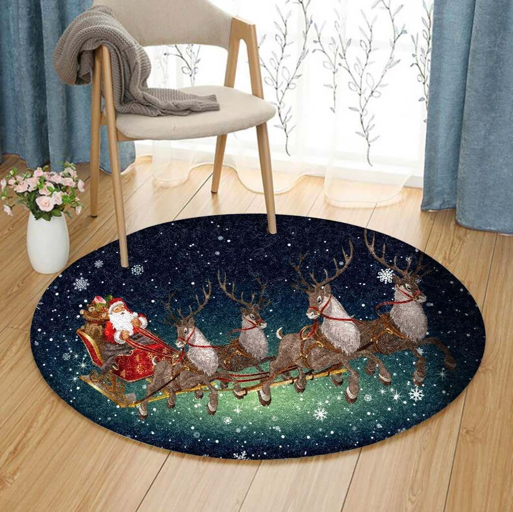 Santa Claus And Reindeer Round Carpet