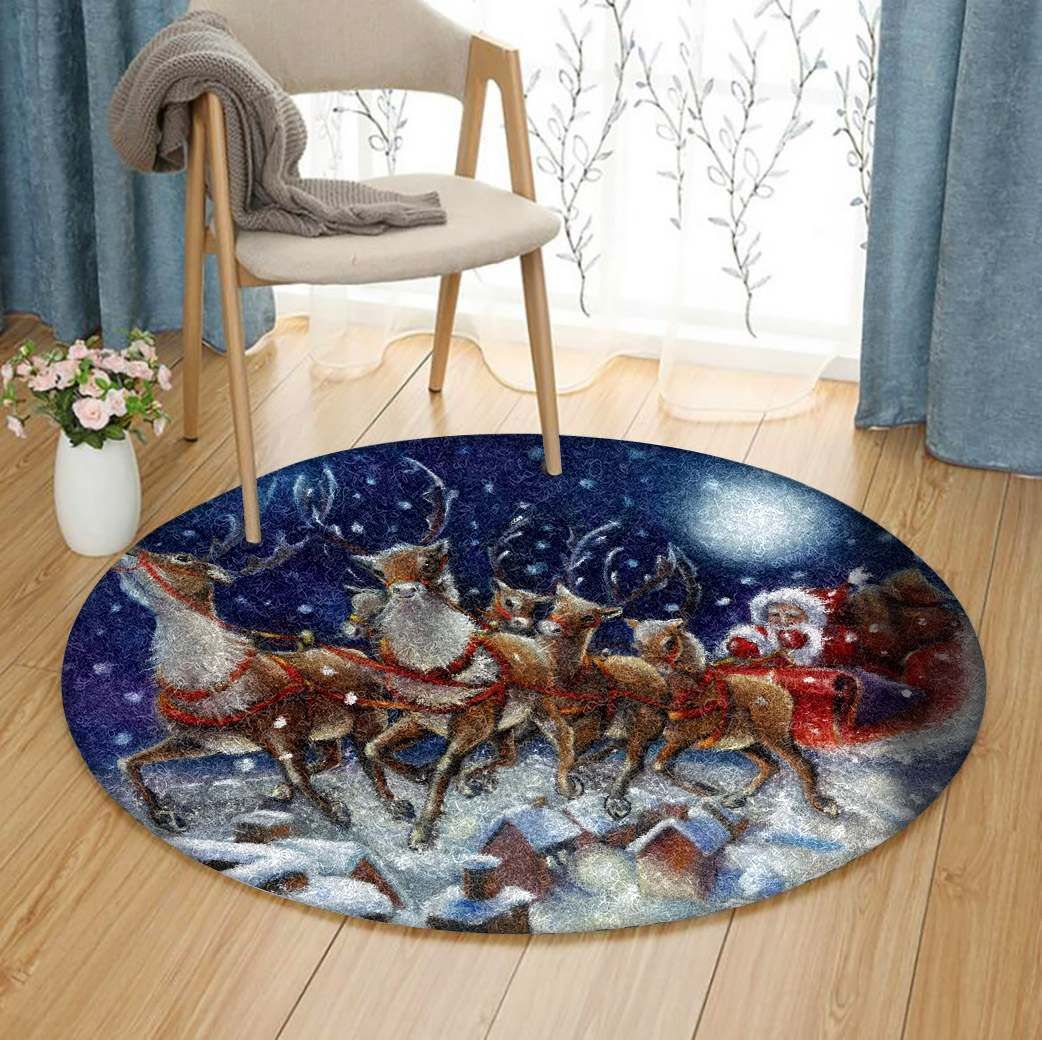 Santa Claus And Reindeer Round Carpet