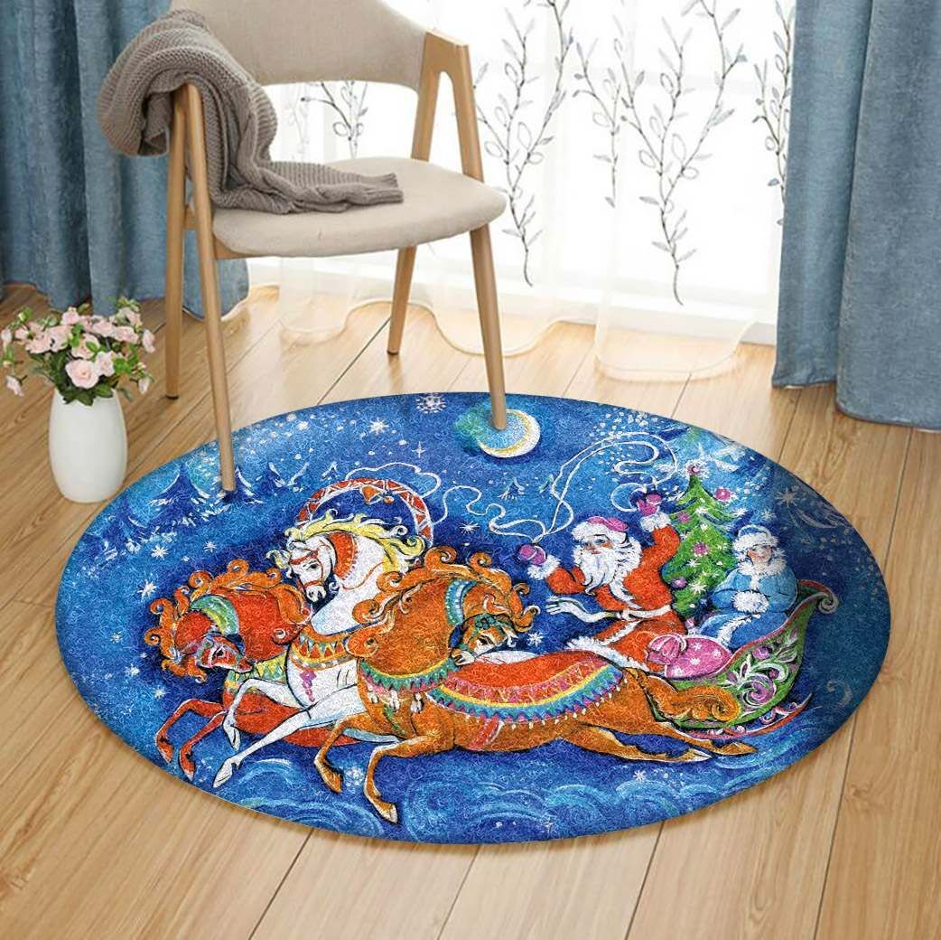 Santa Claus And Reindeer Round Carpet