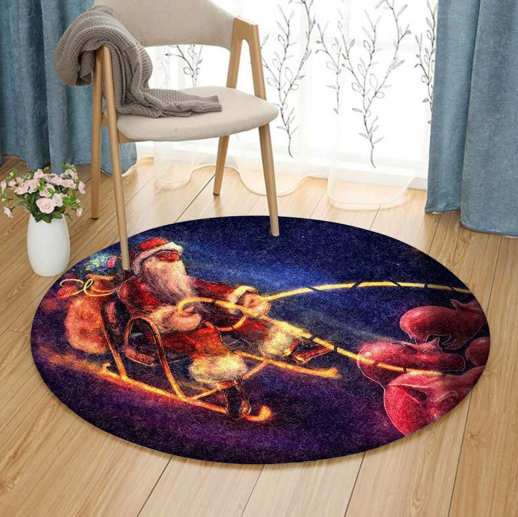 Santa Claus And Reindeer Round Carpet