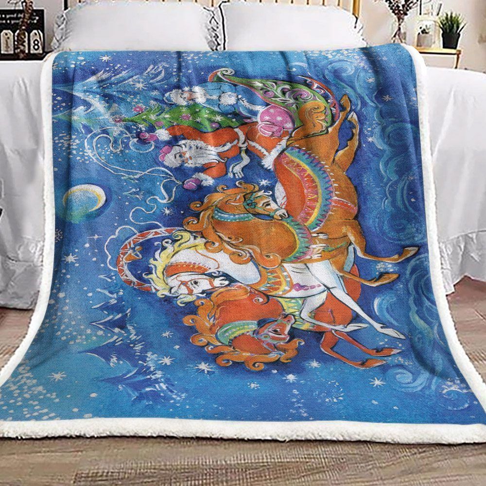 Santa Claus And Reindeer Sherpa Fleece Blanket