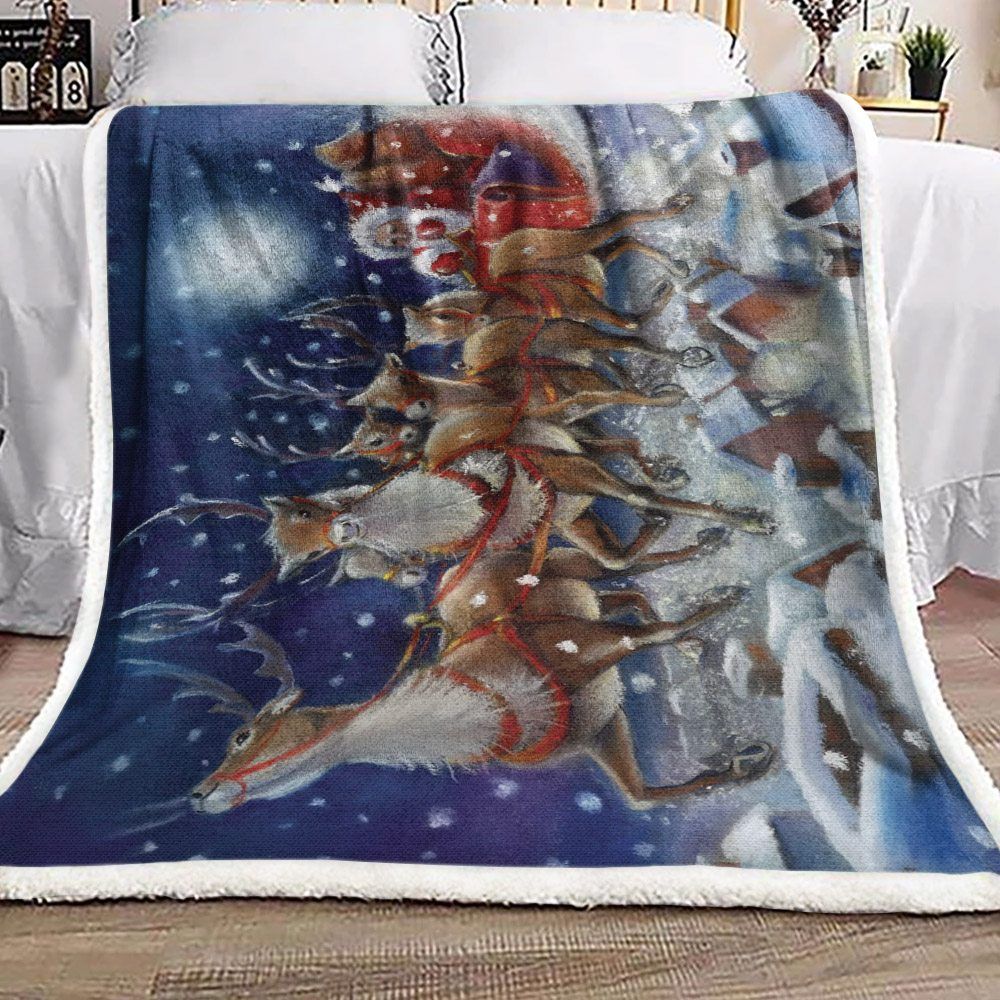 Santa Claus And Reindeer Sherpa Fleece Blanket