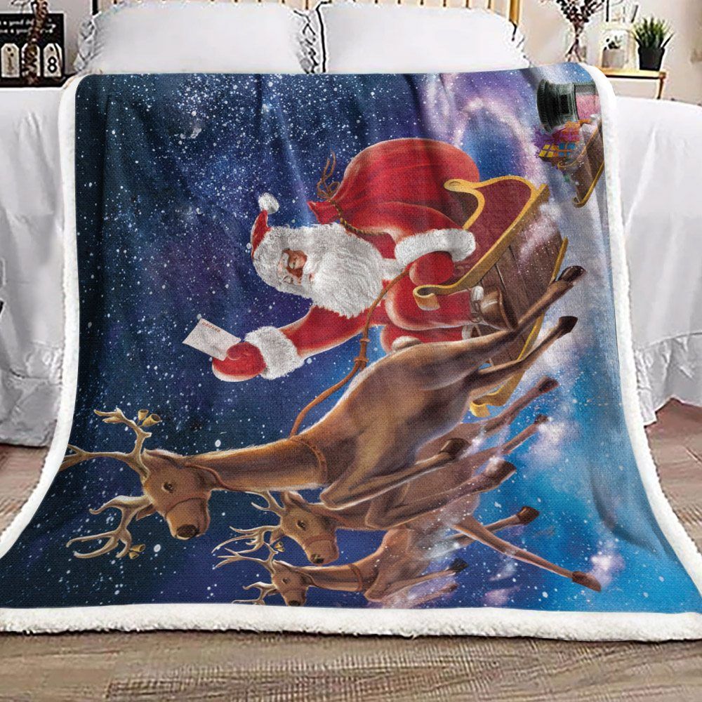 Santa Claus And Reindeer Sherpa Fleece Blanket