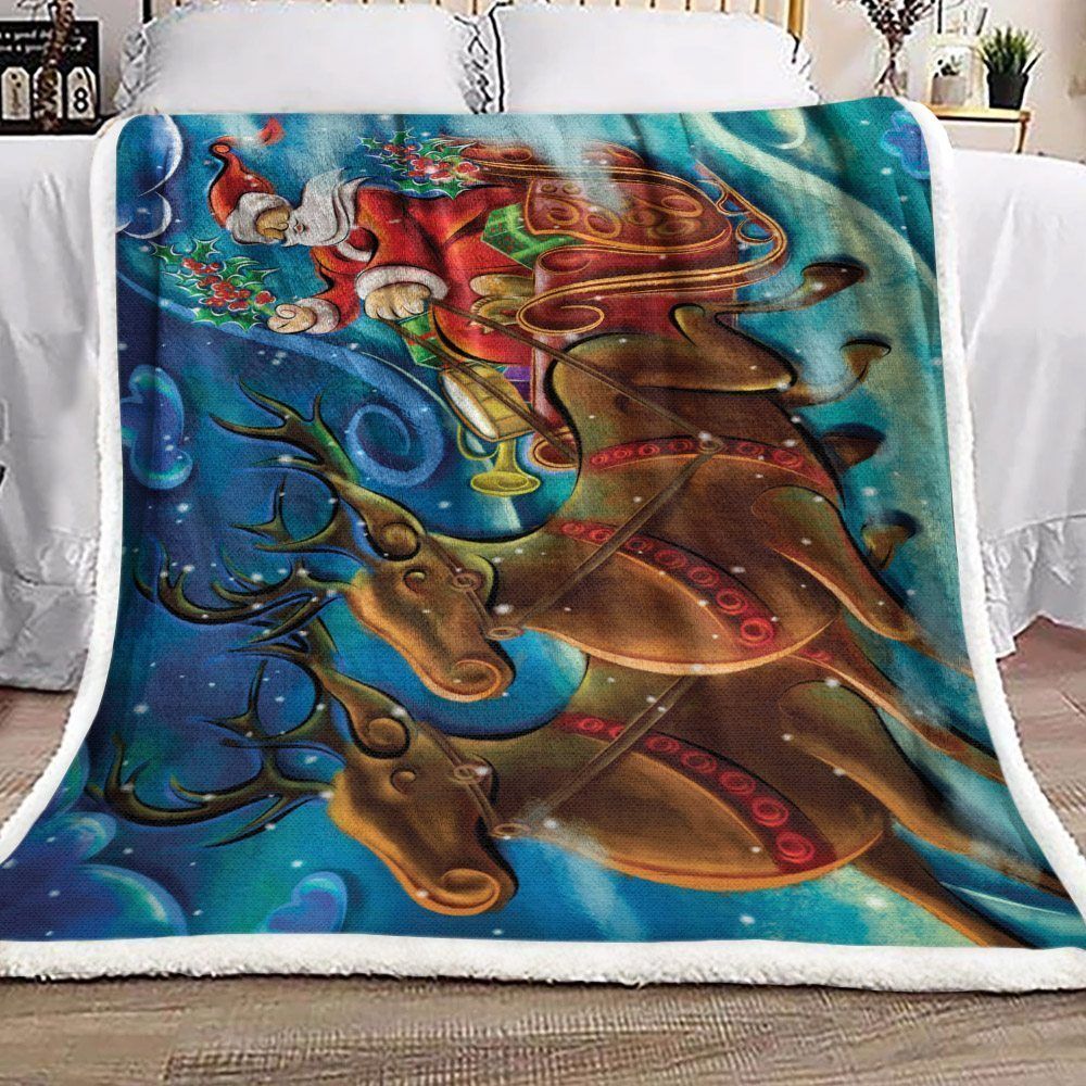 Santa Claus And Reindeer Sherpa Fleece Blanket