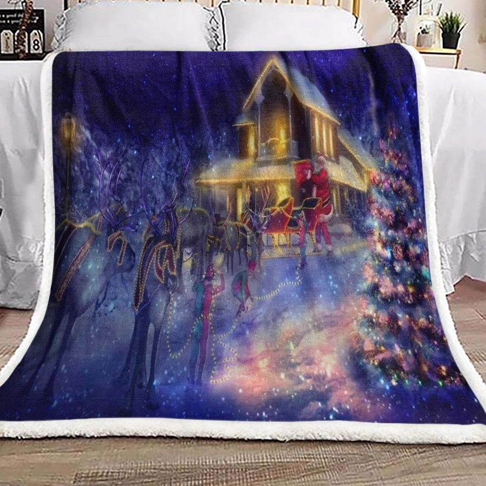 Santa Claus And Reindeer Sherpa Fleece Blanket