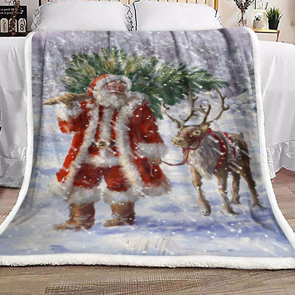 Santa Claus And Reindeer Sherpa Fleece Blanket