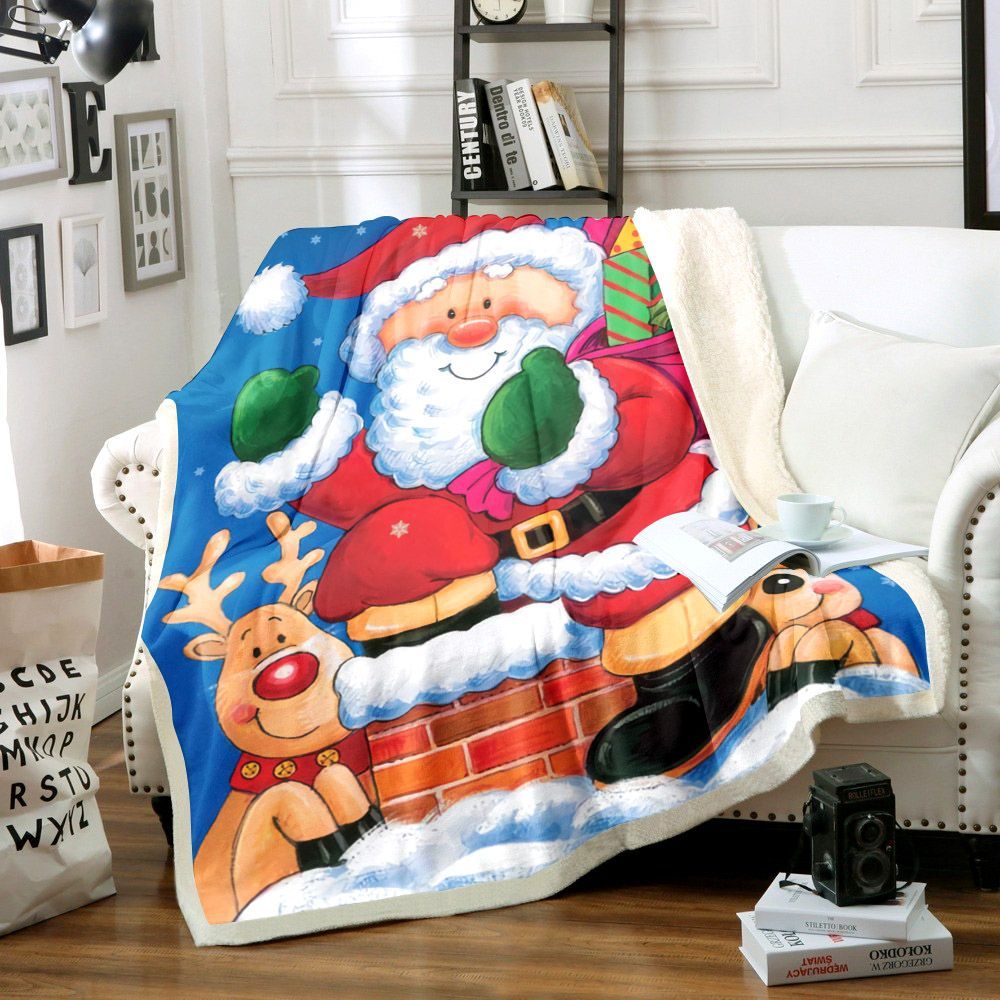 Santa Claus And Reindeer Sherpa Fleece Blanket