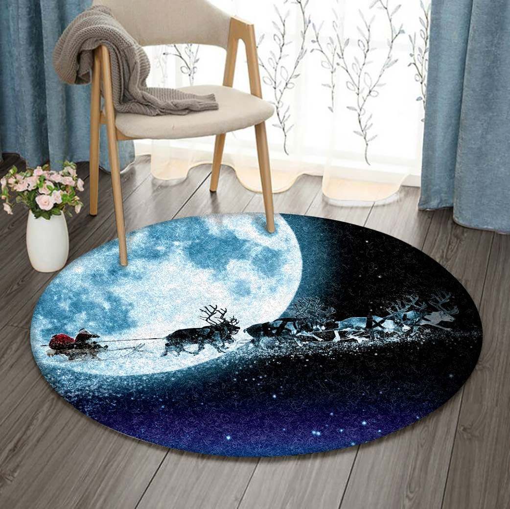 Santa Claus And Reindeers Round Carpet