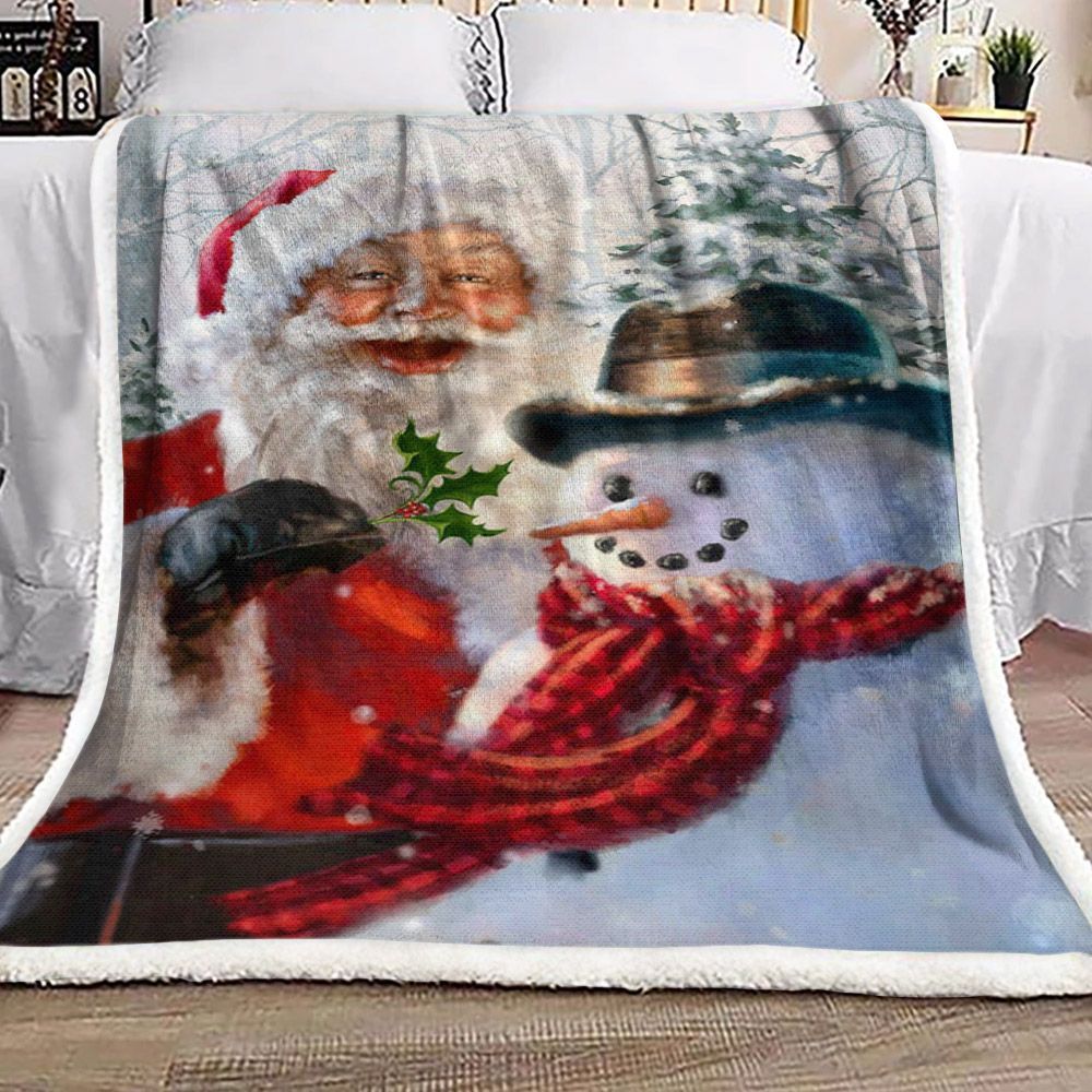 Santa Claus And Snowman Sherpa Fleece Blanket