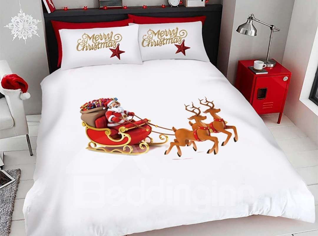 Santa The Christmas Deer Pulling The Sleigh 3d Bedding Set