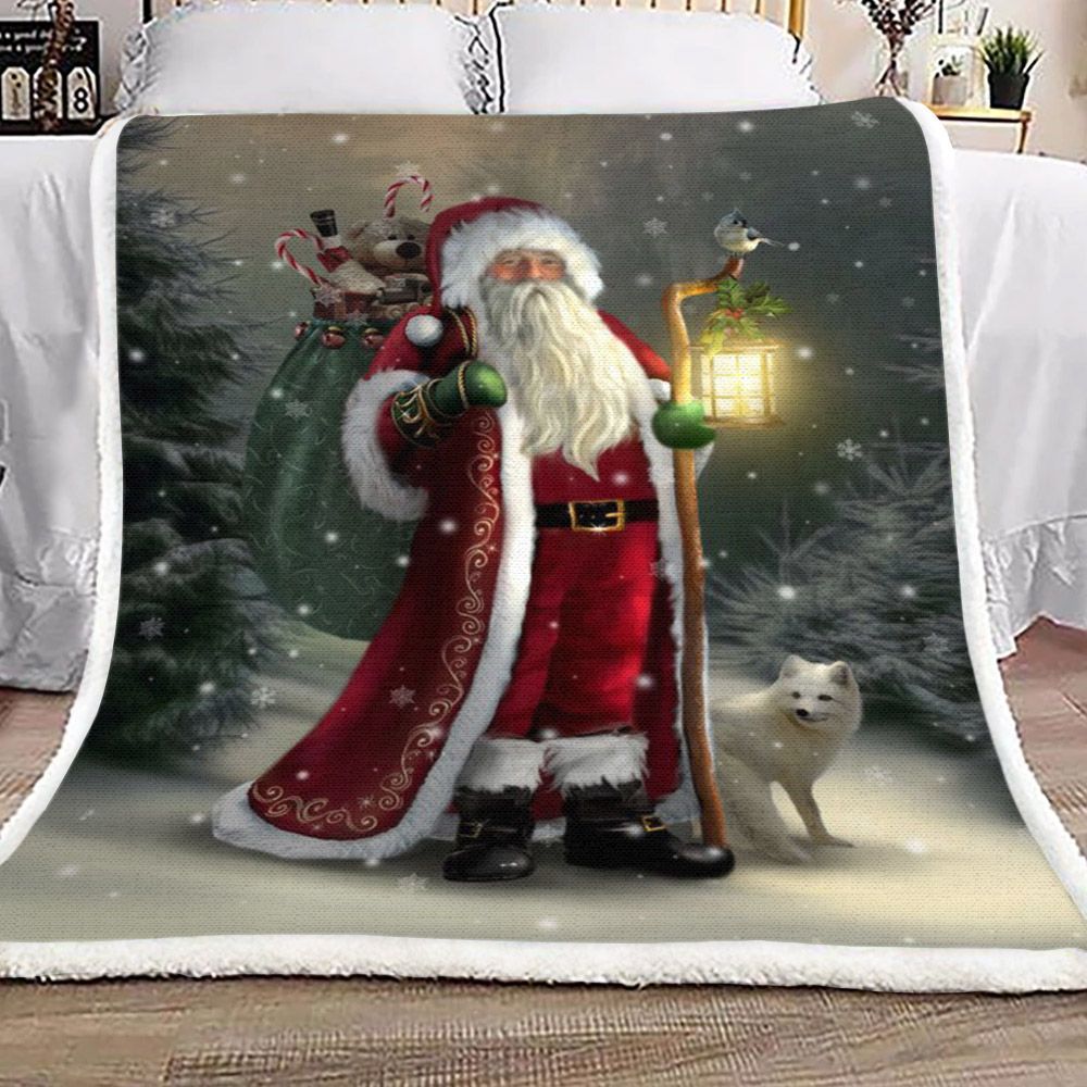 Santa Claus And White Wolf Christmas Sherpa Fleece Blanket